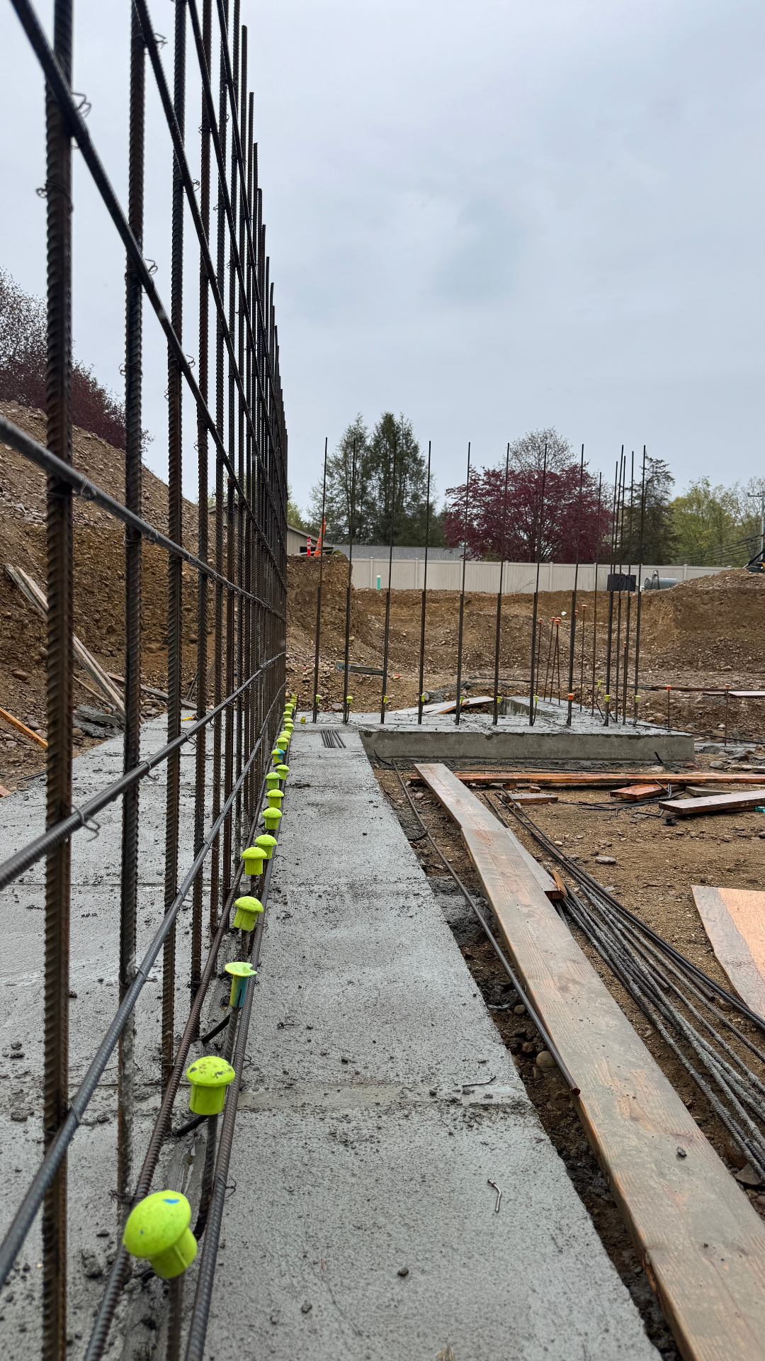 Rebar wall reinforcement rising above freshly poured concrete footings, with safety caps on vertical bars.