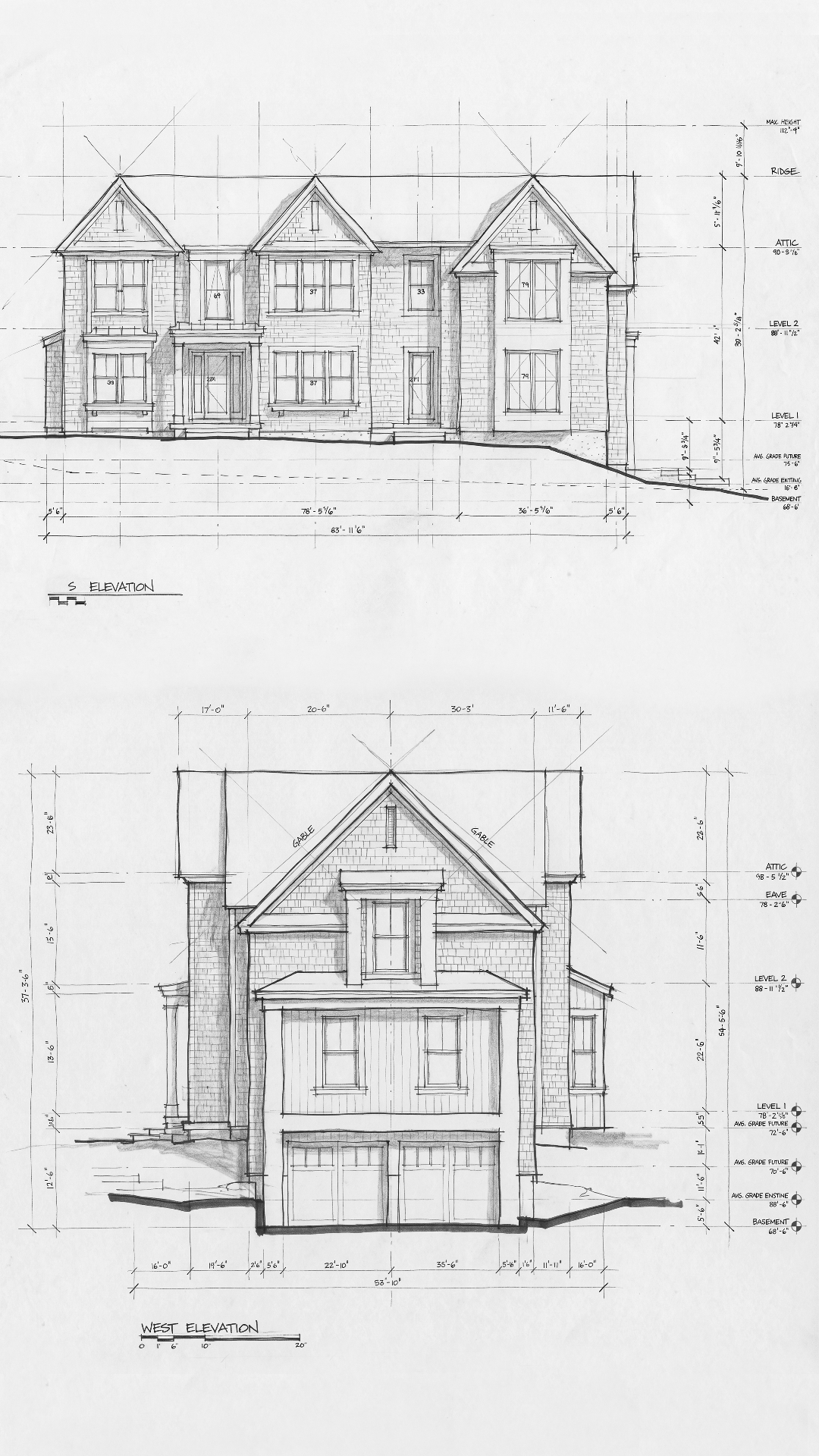 Hand-drawn south and west elevation drawings of a shingle-style residence with dimensioned gables, dormers, and grade lines.