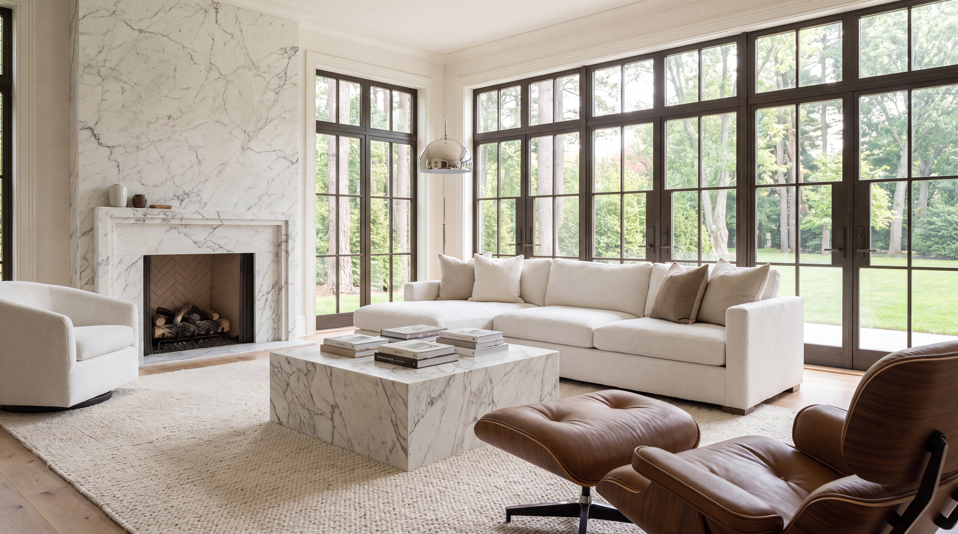 Bright, refined living room with marble fireplace, floor-to-ceiling windows, and neutral furnishings overlooking a green landscape.